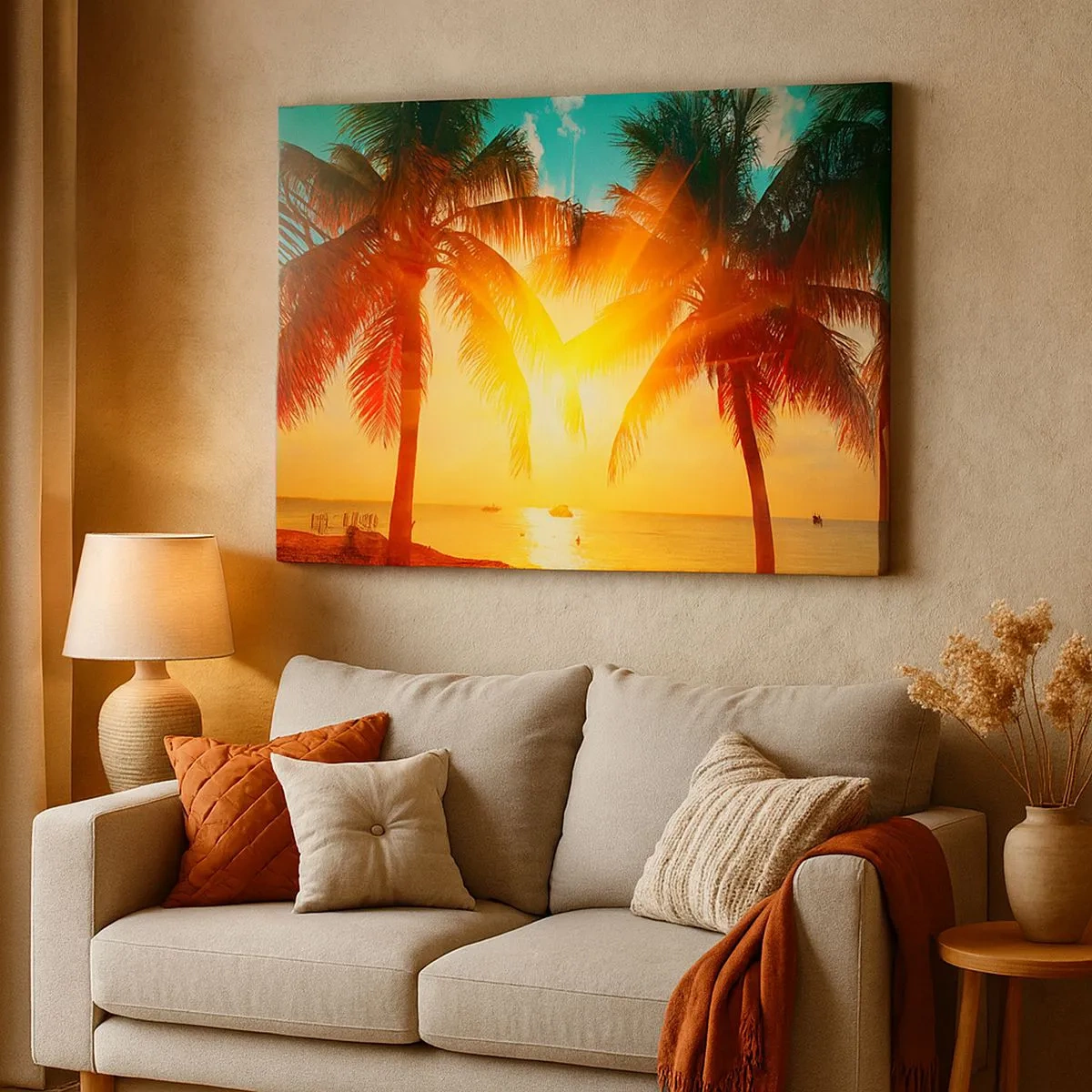 Canvas picture - Palm trees illuminated by the warm light of the setting sun - 70x50cm - Exotic Couple - Modern wall decoration for the living room and bedroom ARTTOR