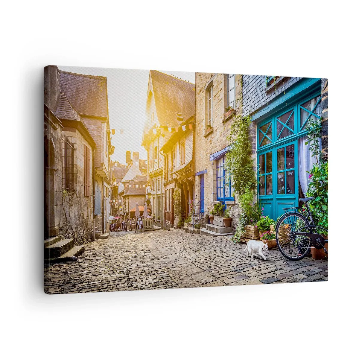 Canvas picture - A charming street with stone pavement in the sunlight - 70x50cm - White Spirit of a Town - Modern wall decoration for the living room and bedroom ARTTOR