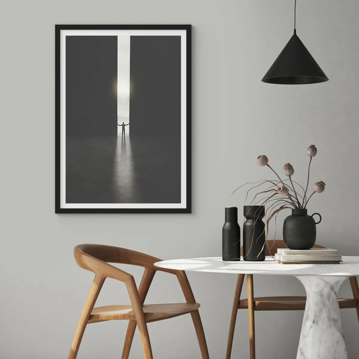 Poster in black frame - A man standing in the light of a crack in a dark environment - 50x70cm - Step to Bright Future - Modern wall decoration for the living room and bedroom ARTTOR