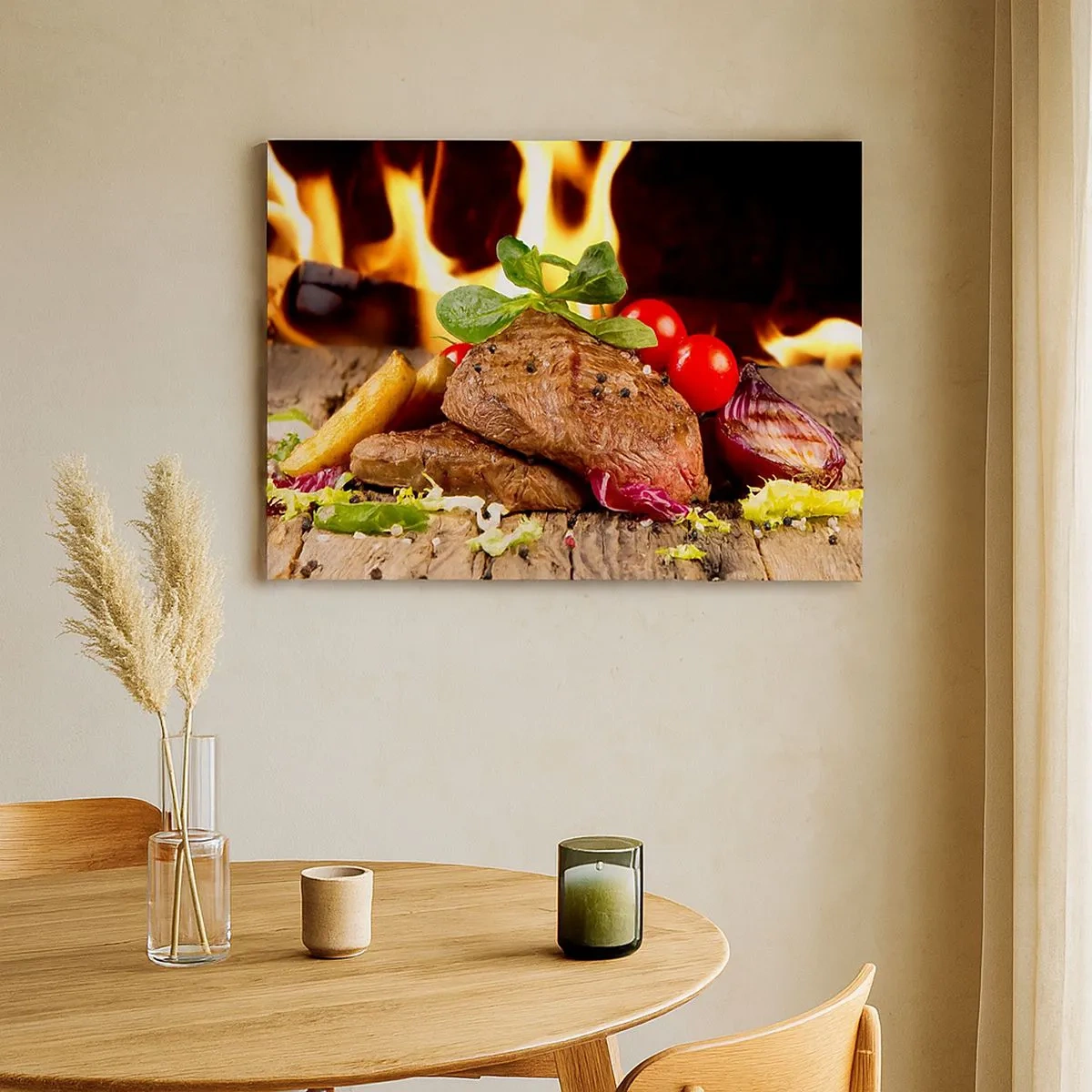 Canvas picture - Grilled steak with accompaniments against the backdrop of flames - 70x50cm - Smokey Barbecue - Modern wall decoration for the living room and bedroom ARTTOR