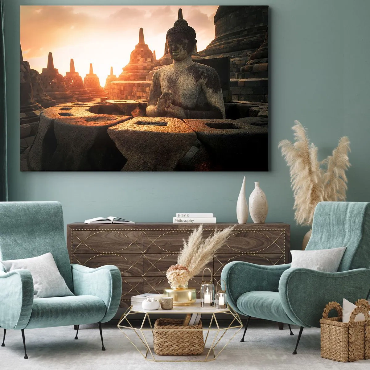 Canvas picture - Buddha statue at Borobudur Temple at sunset - 70x50cm - Weather of Great Wisdom - Modern wall decoration for the living room and bedroom ARTTOR