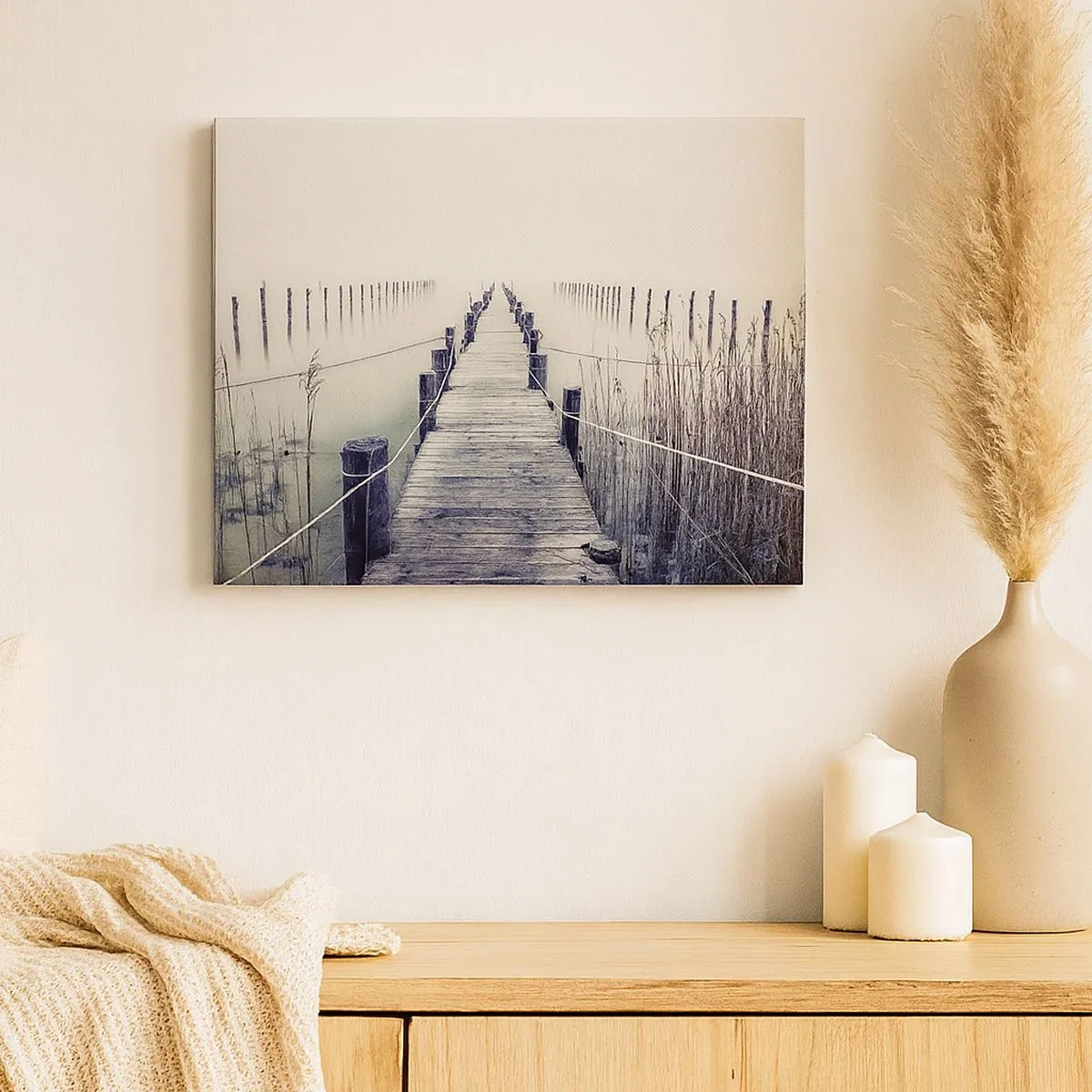 Canvas picture - A wooden bridge leading into a misty space - 70x50cm - Immerse Yourself in Peace - Modern wall decoration for the living room and bedroom ARTTOR