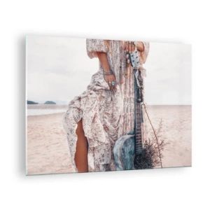 Glass picture - Boho style woman with guitar on empty beach - 70x50cm - Flower Chidlren on their Way - Modern wall decoration for the living room and bedroom ARTTOR