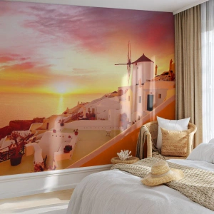 Custom Wallpaper Premium Sand - Melting in White and Gold - Landscape, Santorini, Greece