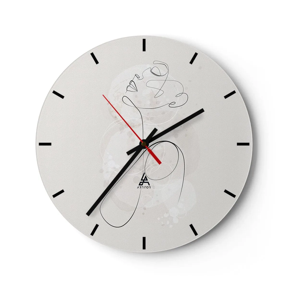 Wall clock - Clock on glass - A black line creating a silhouette of a woman on a white background - 30x30cm - Spiral of Beauty - Modern wall decoration for the living room, kitchen, and bedroom ARTTOR