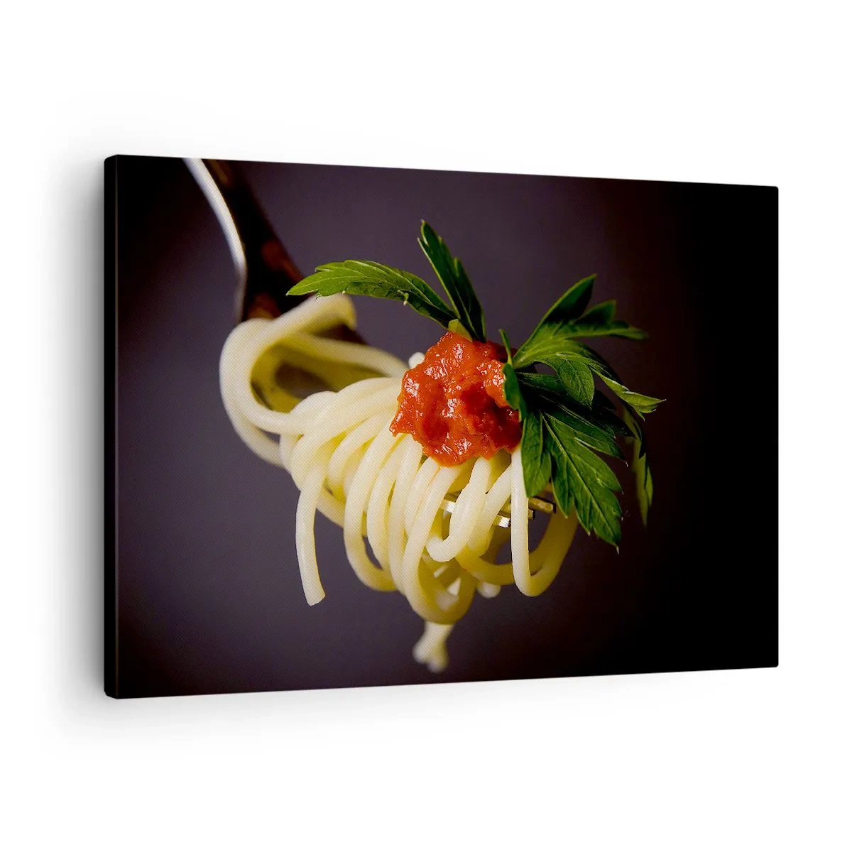 Canvas picture - Spaghetti pasta on a fork with tomato sauce and parsley - 70x50cm - Tasty Bite - Modern wall decoration for the living room and bedroom ARTTOR