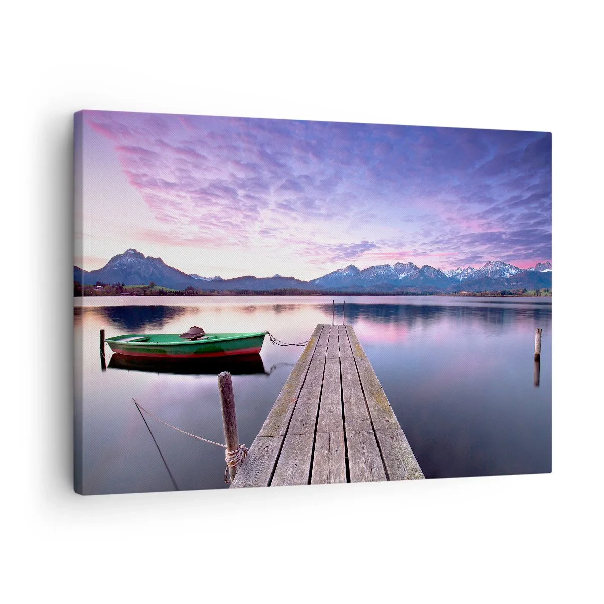 Canvas picture - A wooden pier with a boat on a lake surrounded by mountains at sunset - 70x50cm - Friendly Silence - Modern wall decoration for the living room and bedroom ARTTOR