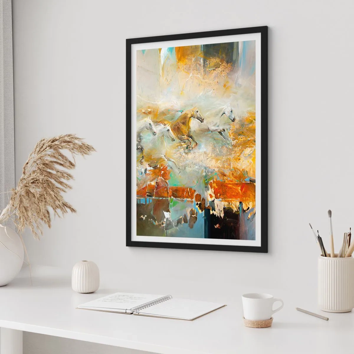 Poster in black frame - Galloping horses in an abstract setting - 50x70cm - Gallopping through the World - Modern wall decoration for the living room and bedroom ARTTOR