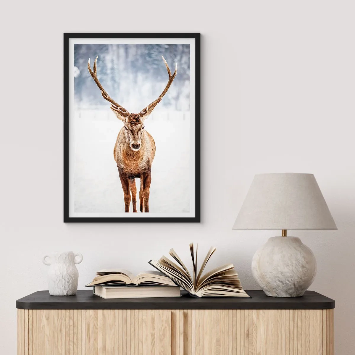 Poster in black frame - A stately deer against the backdrop of a winter landscape - 50x70cm - Straight from Snowy Fog - Modern wall decoration for the living room and bedroom ARTTOR