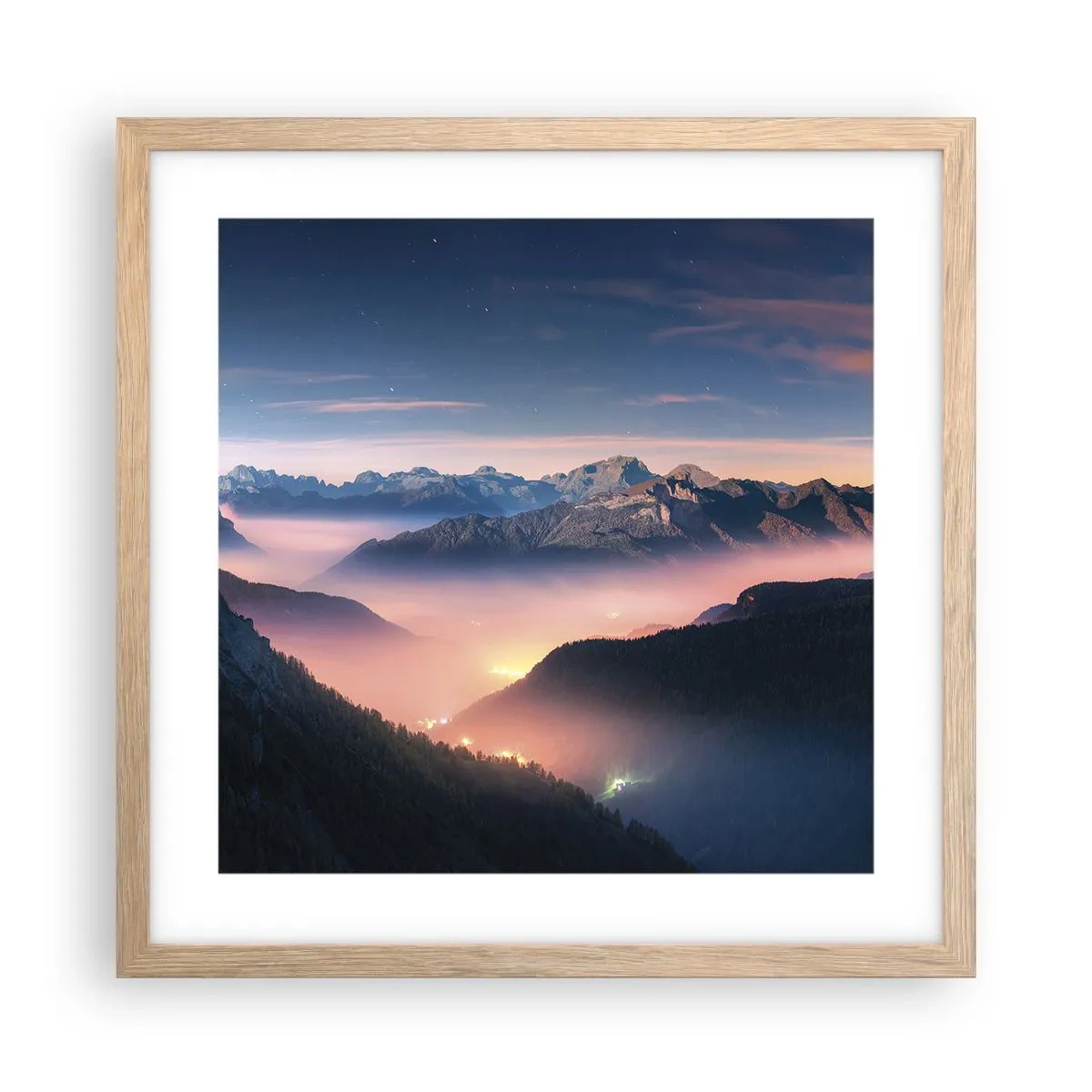 Poster in light oak frame - Light in the Valleys - 40x40 cm