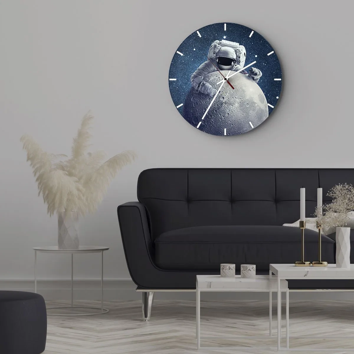 Wall clock - Clock on glass - Astronaut holding the moon against the backdrop of space - 30x30cm - Space Joker - Modern wall decoration for the living room, kitchen, and bedroom ARTTOR