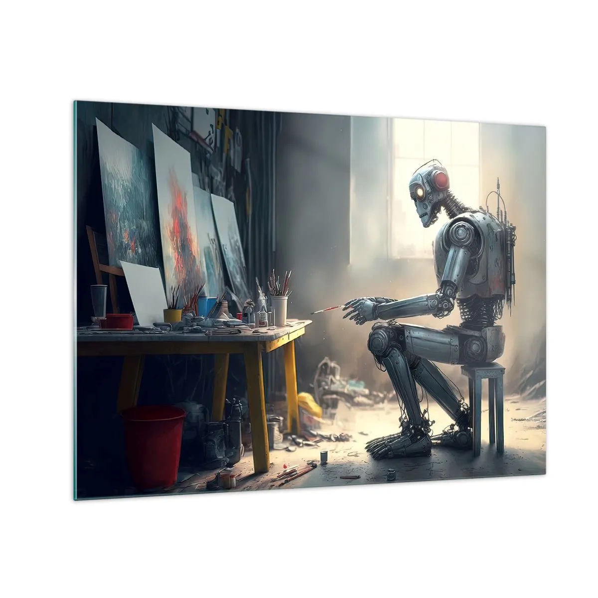 Glass picture - A robot painting pictures in an art studio - 70x50cm - Act of Creation - Modern wall decoration for the living room and bedroom ARTTOR