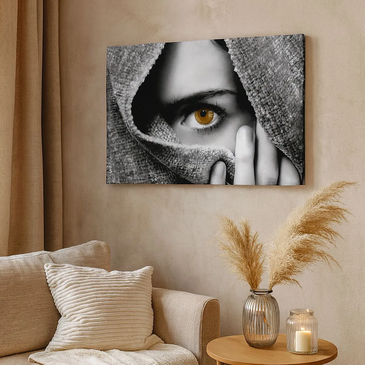 Canvas picture - Portrait of a woman with an amber eye covered with a fabric in shades of gray. - 70x50cm - Know the Secret - Modern wall decoration for the living room and bedroom ARTTOR