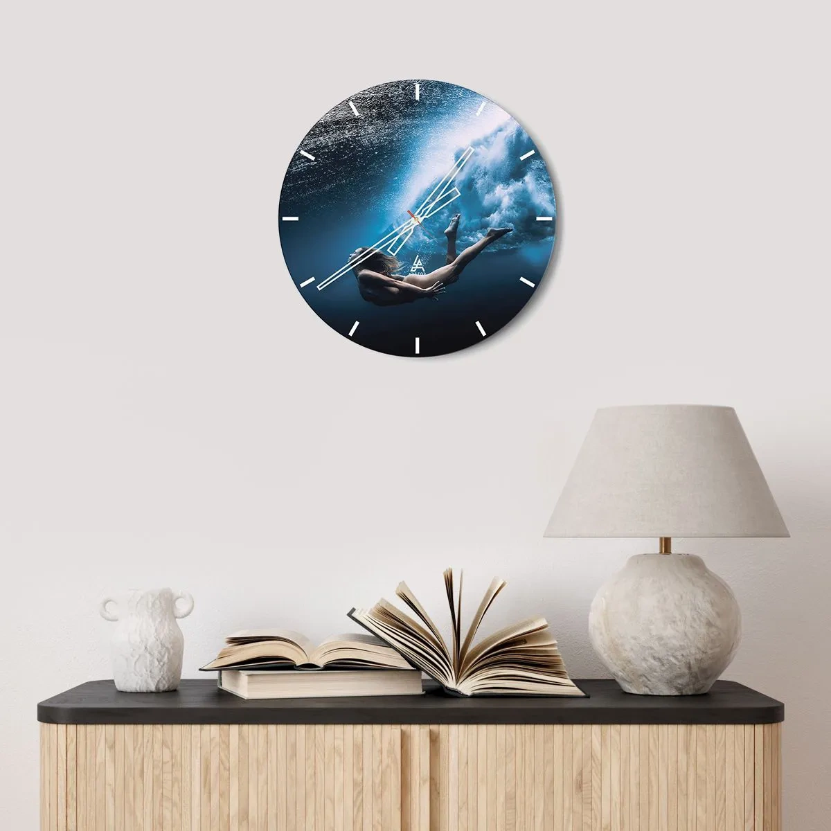Wall clock - Clock on glass - A woman underwater in a dynamic shot - 30x30cm - Contemporary Syren - Modern wall decoration for the living room, kitchen, and bedroom ARTTOR