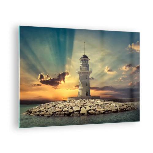 Glass picture - A lighthouse against the backdrop of the setting sun - 70x50cm - Light, Hope, Beauty - Modern wall decoration for the living room and bedroom ARTTOR