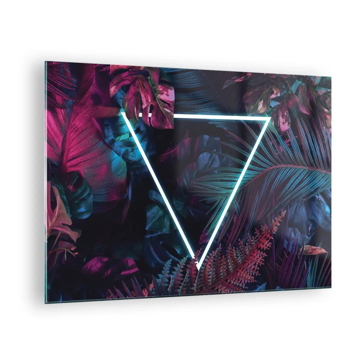 Glass picture - A neon triangle surrounded by tropical plants in shades of pink and blue. - 70x50cm - Disco Style Garden - Modern wall decoration for the living room and bedroom ARTTOR