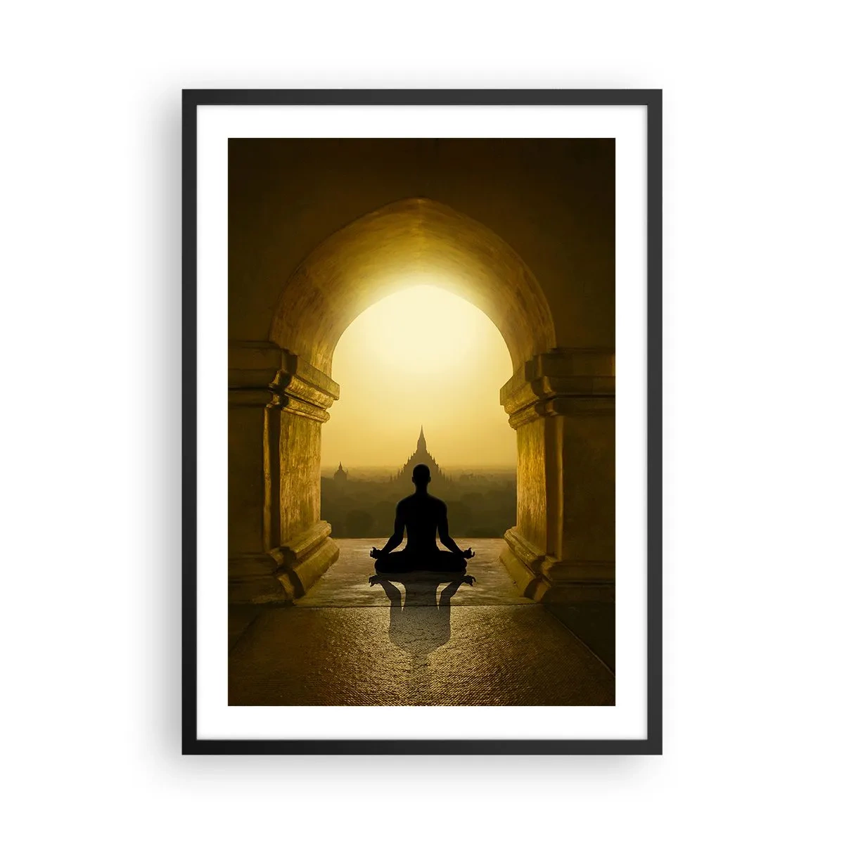 Poster in black frame - A figure meditating in the arch of a temple against the backdrop of the rising sun - 50x70cm - Full Harmony - Modern wall decoration for the living room and bedroom ARTTOR