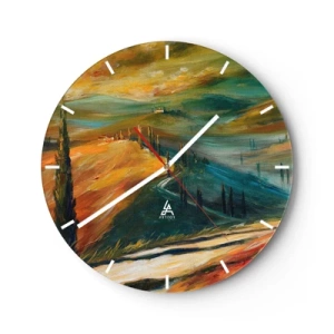 Wall clock - Clock on glass - A painterly landscape of hills and trees in Tuscan colors - 30x30cm - Tuscan Landscape - Modern wall decoration for the living room, kitchen, and bedroom ARTTOR