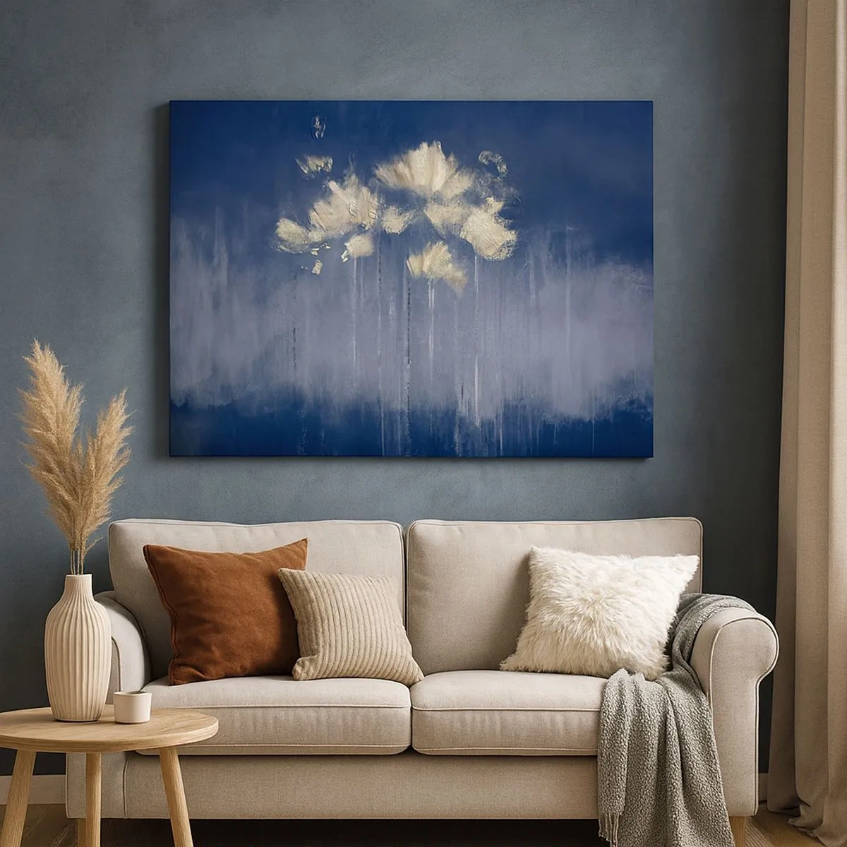 Canvas picture - Delicate flowers on a blue background - 70x50cm - Like Flakes in the Wind - Modern wall decoration for the living room and bedroom ARTTOR