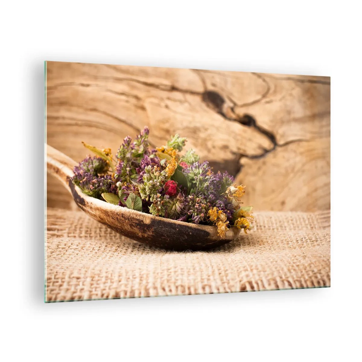 Glass picture - Dried herbs in a wooden spoon on a rustic background - 70x50cm - Colourful Flowers and Fragrant Herbs - Modern wall decoration for the living room and bedroom ARTTOR