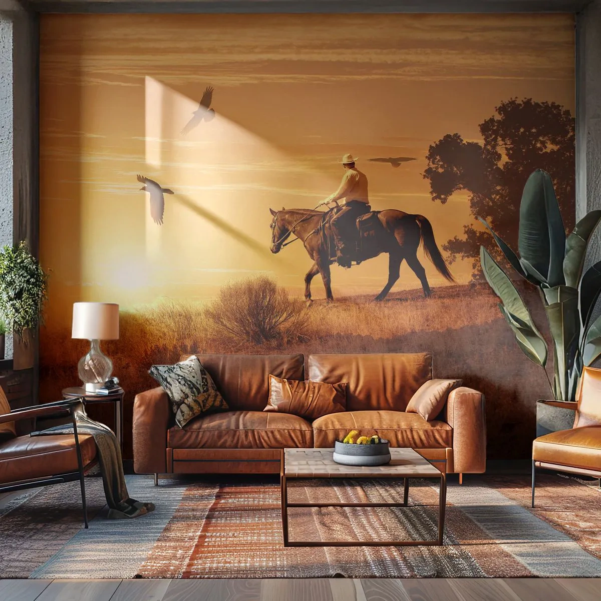 Photo Wallpaper Premium Canvas - Alone through the Prairie - Horse, Cowboy, Landscape - 400x280 cm