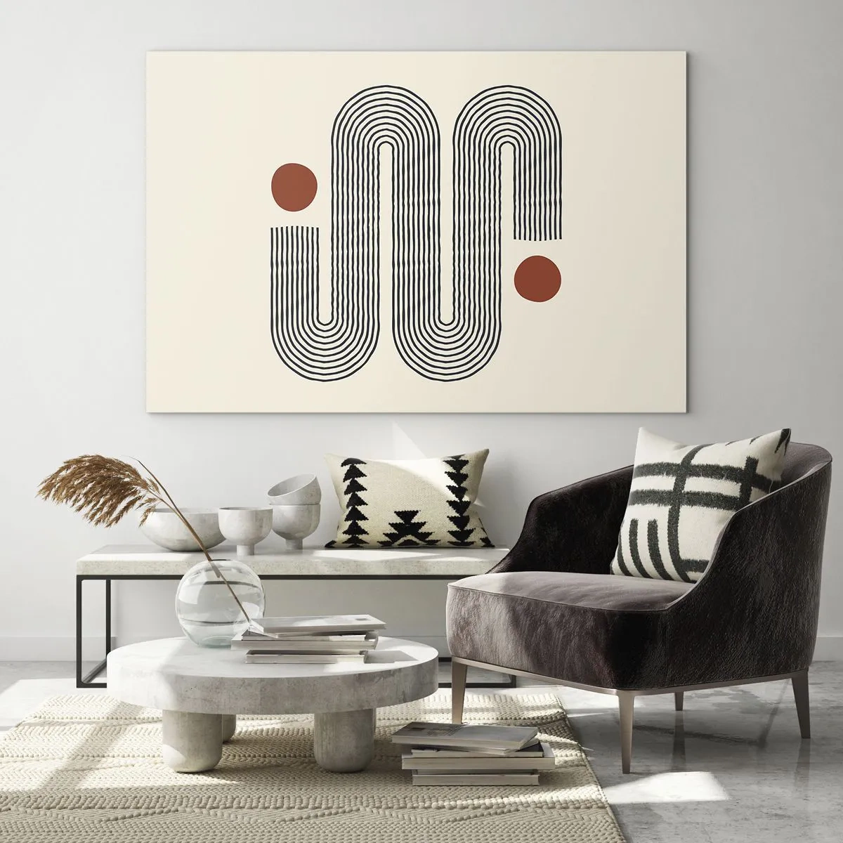 Glass picture - Minimalist line pattern with red dots - 70x50cm - From Beginning till the End - Modern wall decoration for the living room and bedroom ARTTOR