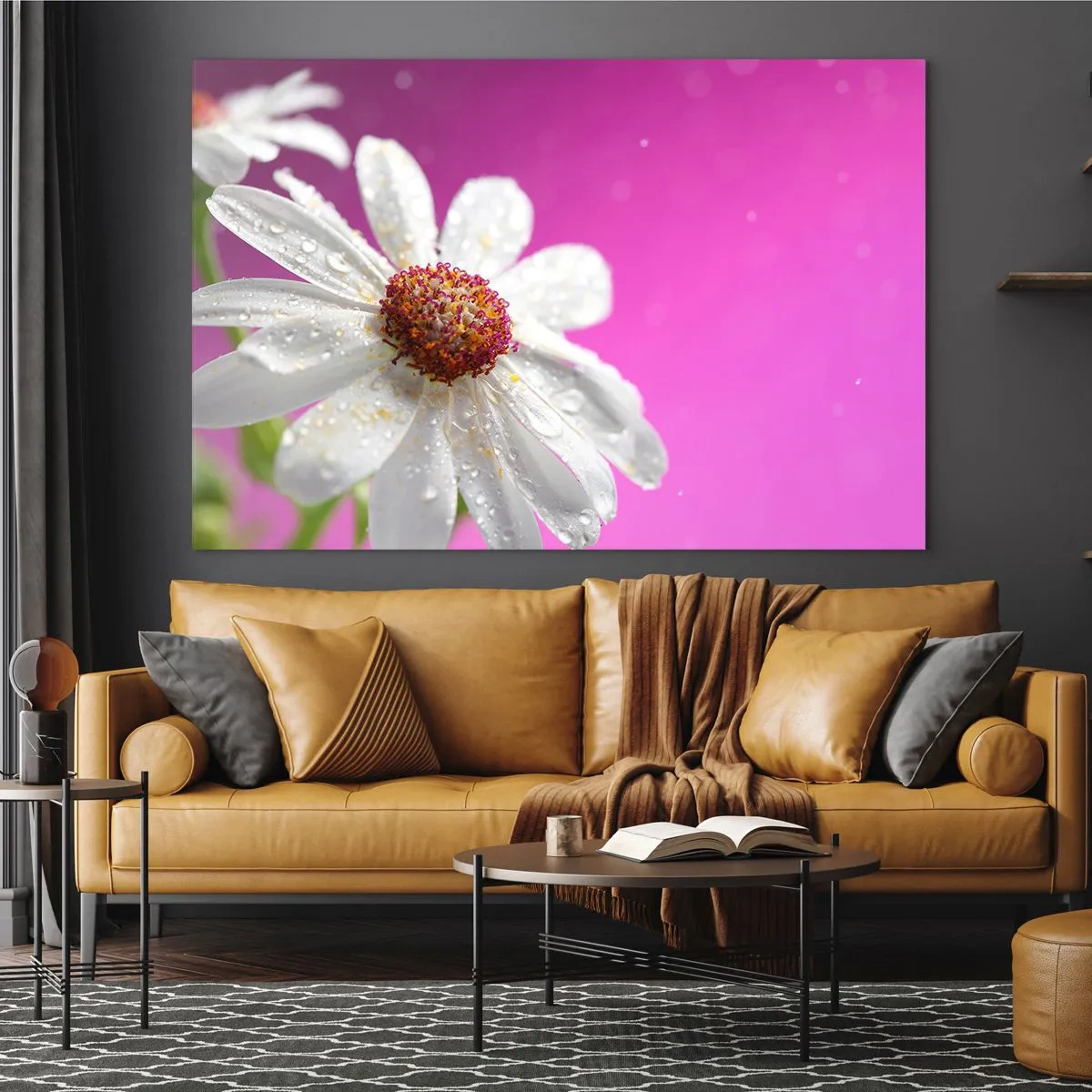Glass picture - Macro photography of a white flower with dew drops against a pink background - 70x50cm - Modest in Its Beauty - Modern wall decoration for the living room and bedroom ARTTOR