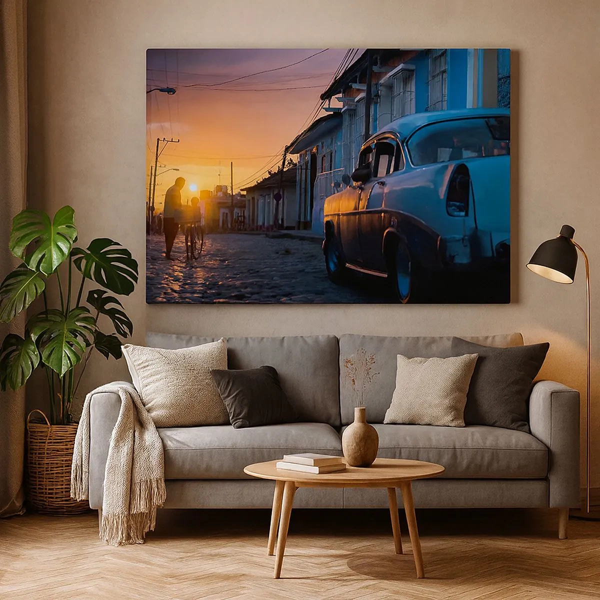 Canvas picture - Retro car and bicycle on the street in the light of the setting sun - 70x50cm - Time Slows Down Here - Modern wall decoration for the living room and bedroom ARTTOR