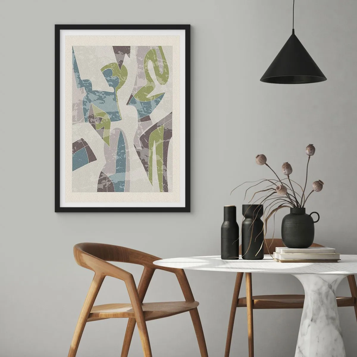 Poster in black frame - Abstract figures in shades of green and blue - 50x70cm - Composition with Window Pane - Modern wall decoration for the living room and bedroom ARTTOR