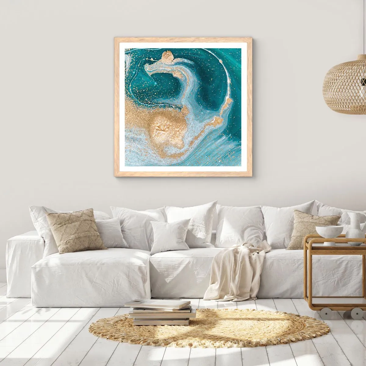 Poster in light oak frame - Swirl of Gold and Turquiose - 50x50 cm