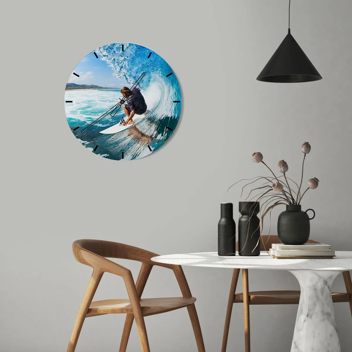 Wall clock - Clock on glass - Surfer in the water wave tunnel - 30x30cm - Dancing with Waves - Modern wall decoration for the living room, kitchen, and bedroom ARTTOR