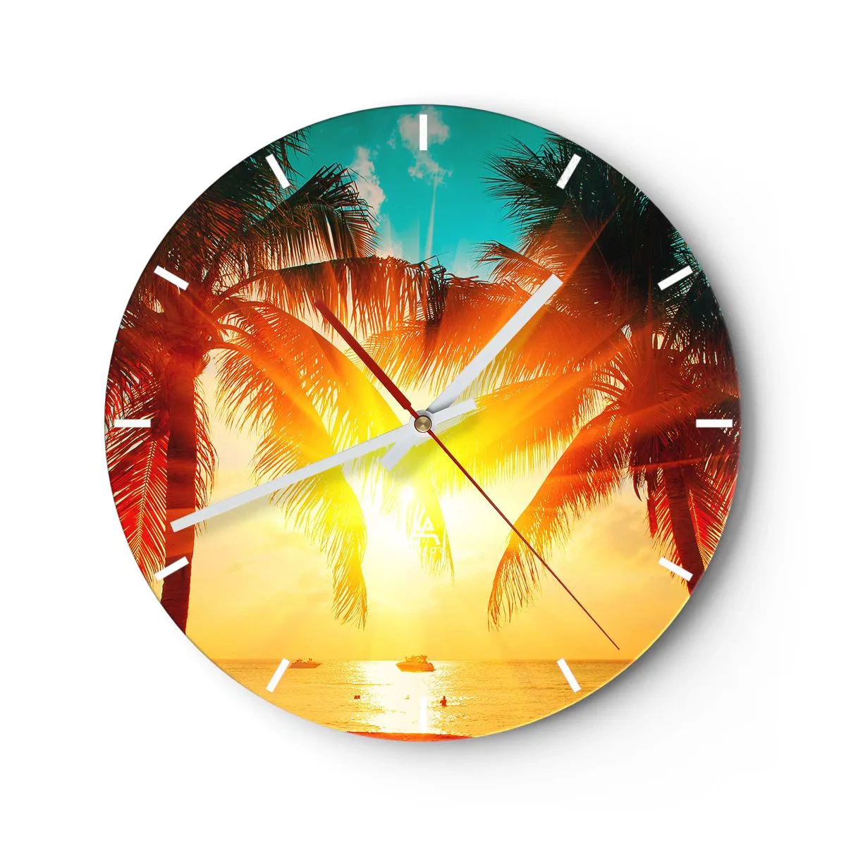 Wall clock - Clock on glass - Sunset behind palm trees over a tropical sea - 30x30cm - Exotic Couple - Modern wall decoration for the living room, kitchen, and bedroom ARTTOR