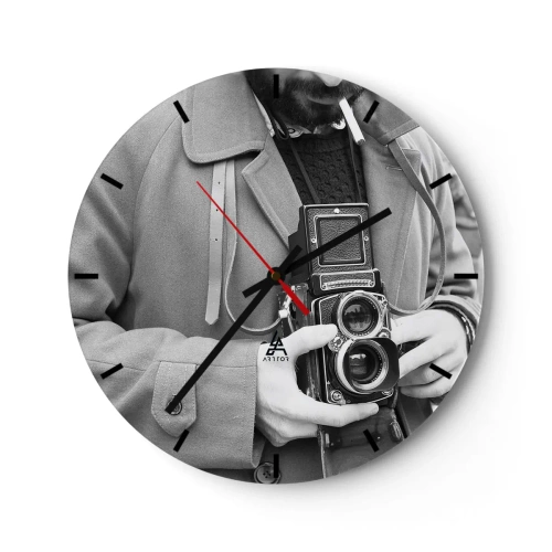 Wall clock - Clock on glass - Man with a retro analog camera - 30x30cm - In Retro Style - Modern wall decoration for the living room, kitchen, and bedroom ARTTOR
