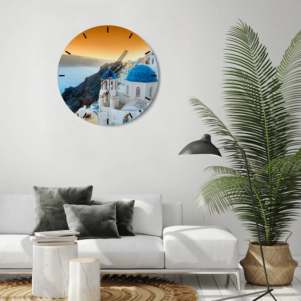 Wall clock - Clock on glass - Santorini - Snuggling up to the Rocks - 40x40 cm