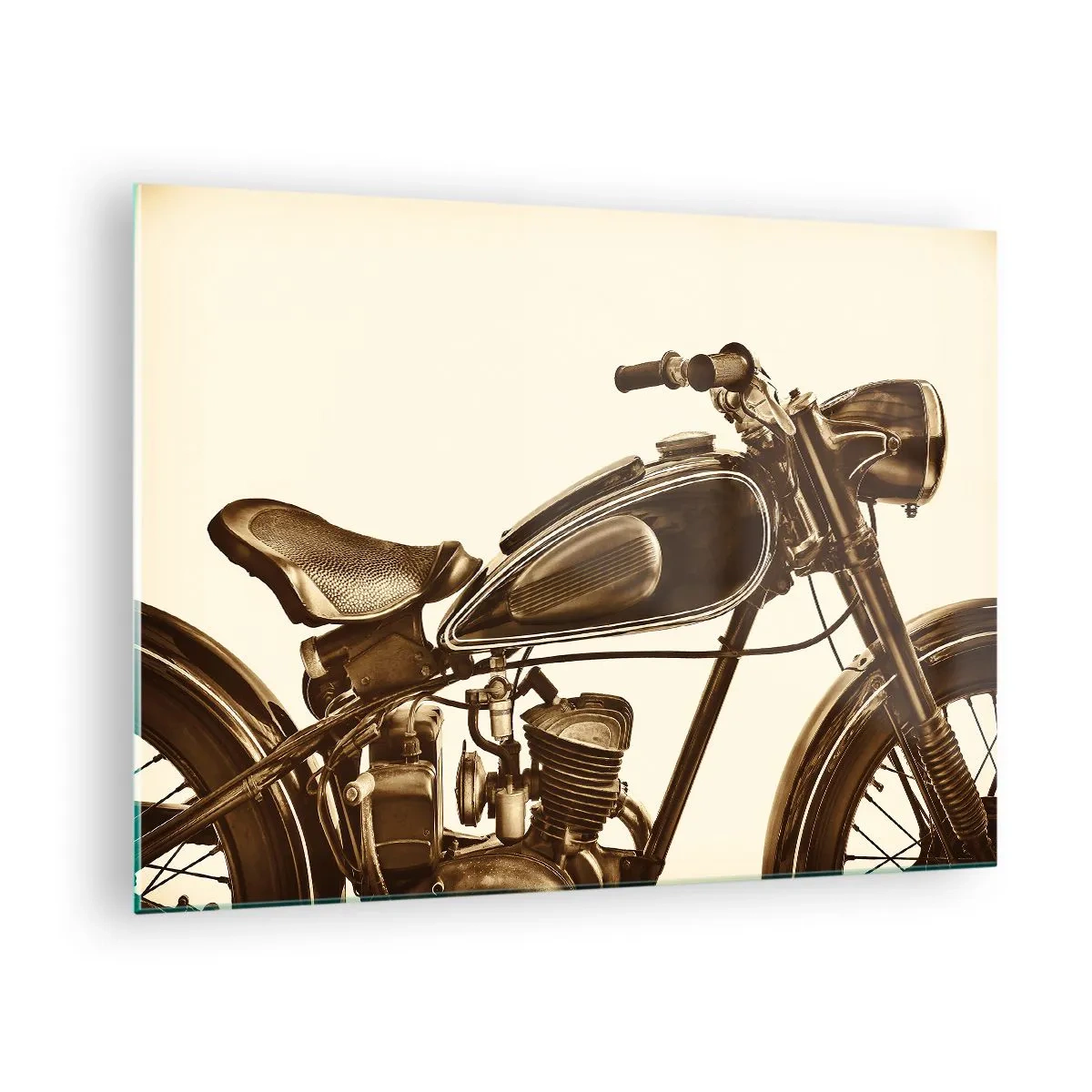 Glass picture - Stylish retro motorcycle in sepia tones on a light background - 70x50cm - Longing for Classics - Modern wall decoration for the living room and bedroom ARTTOR