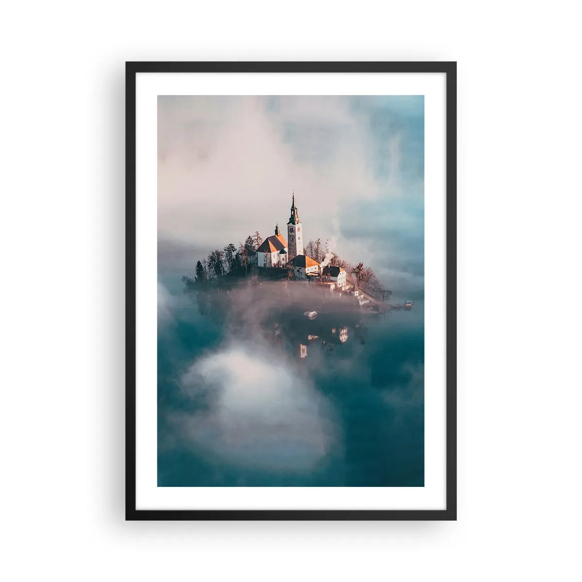 Poster in black frame - A church on an island surrounded by fog and water - 50x70cm - Island of Dreams - Modern wall decoration for the living room and bedroom ARTTOR