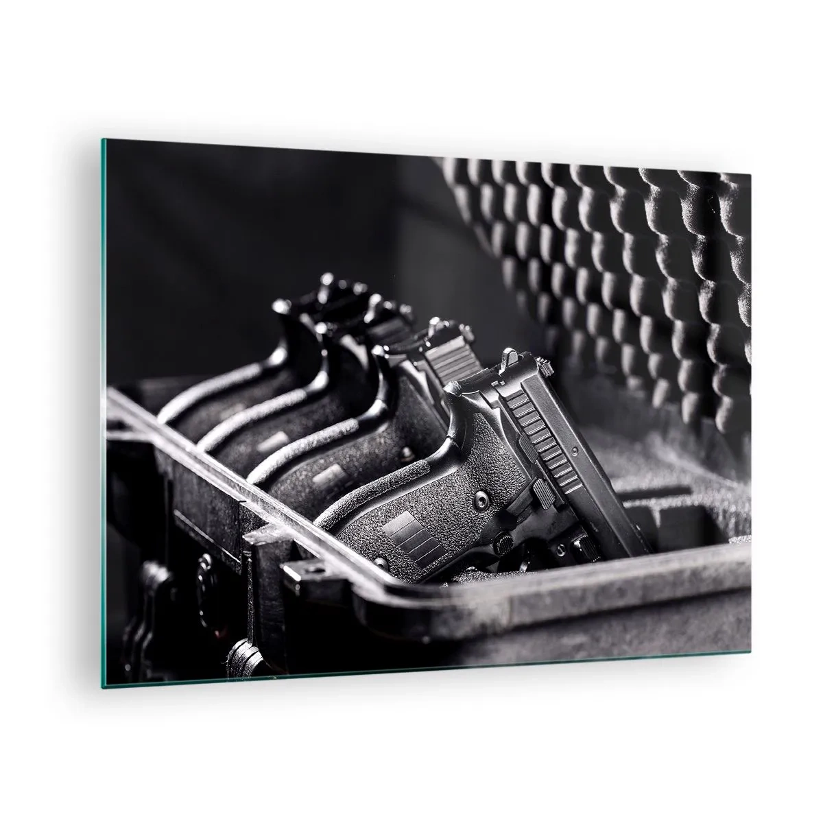 Glass picture - Black pistols in a case against a background of protective foam - 70x50cm - Male Sport - Modern wall decoration for the living room and bedroom ARTTOR