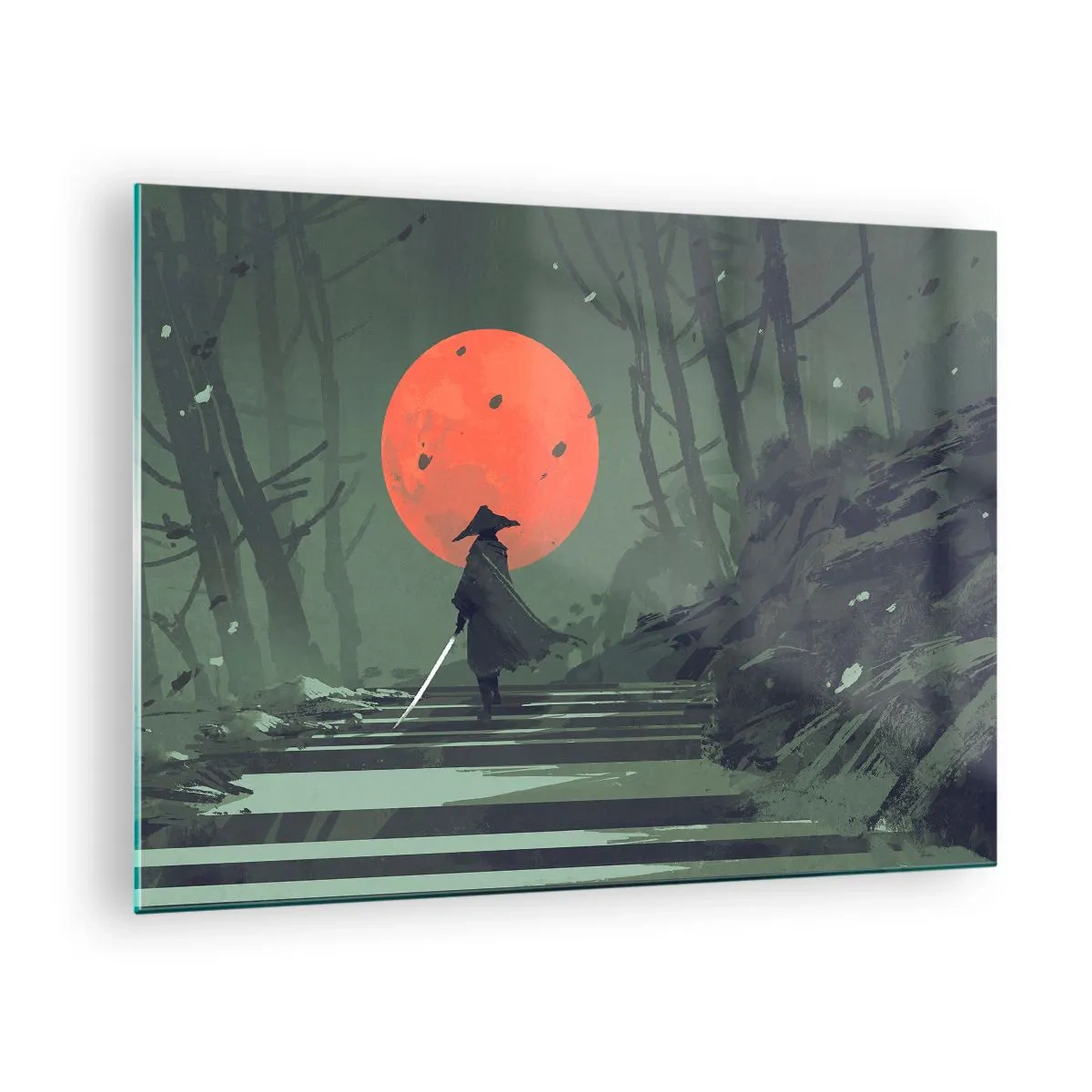 Glass picture - A lone warrior with a sword in the forest against the backdrop of a red moon. - 70x50cm - Red Moon Warrior - Modern wall decoration for the living room and bedroom ARTTOR