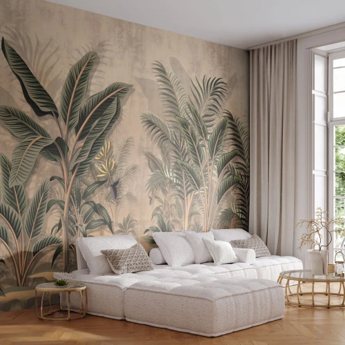 Custom Self-Adhesive Wallpaper Deluxe Sticker - Engraving in Colonial Style - Tropical forest, Coconut Palm, Banana tree
