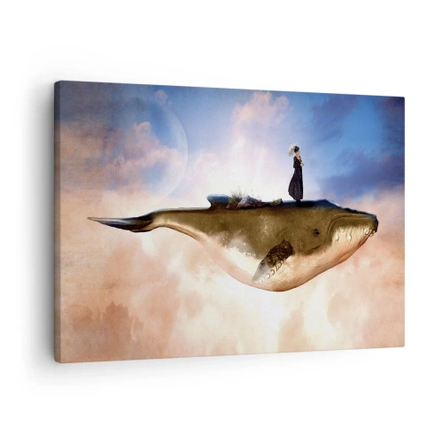 Canvas picture - A fantastic scene of a woman on a whale among the clouds - 70x50cm - Surreal Journey - Modern wall decoration for the living room and bedroom ARTTOR