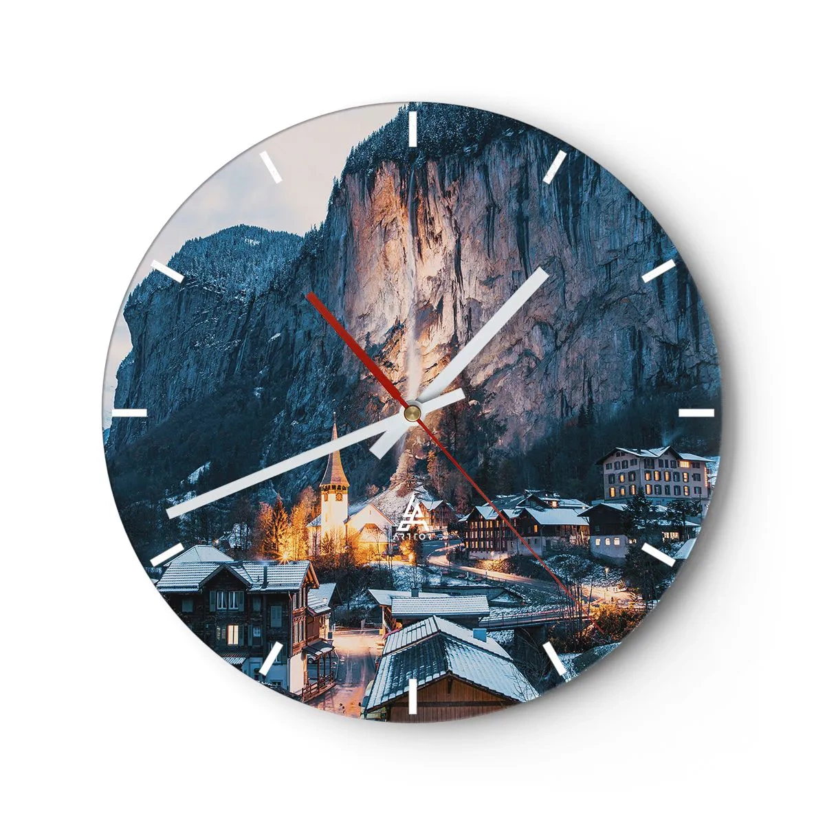 Wall clock - Clock on glass - A picturesque village at the foot of snow-capped mountains illuminated by warm light - 30x30cm - Sparkling Winter Spirit - Modern wall decoration for the living room, kitchen, and bedroom ARTTOR
