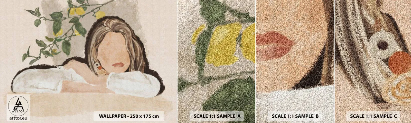 Photo Wallpaper Sample Standard Eco - Beauty of the South - Woman, Lemons, Minimalism - 100x30 cm