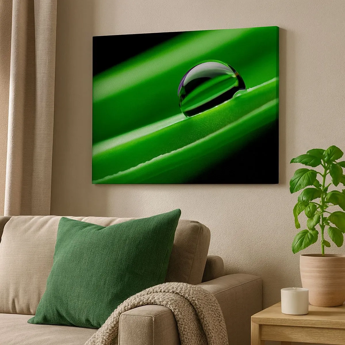 Canvas picture - Close-up of a dew drop on a green leaf - 70x50cm - Life from a Close-Up - Modern wall decoration for the living room and bedroom ARTTOR
