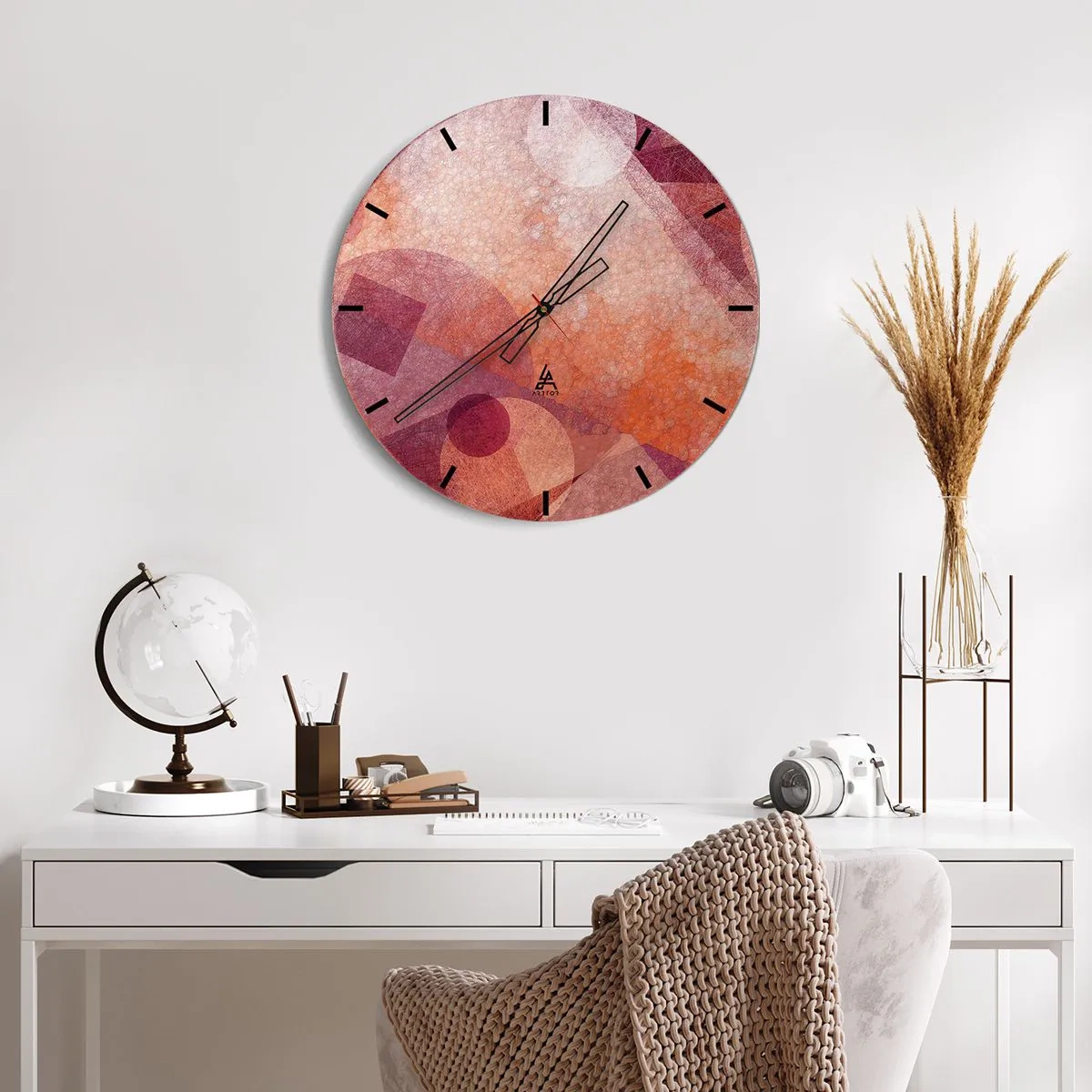 Wall clock - Clock on glass - Geometrical Transformation in Pink - 40x40 cm