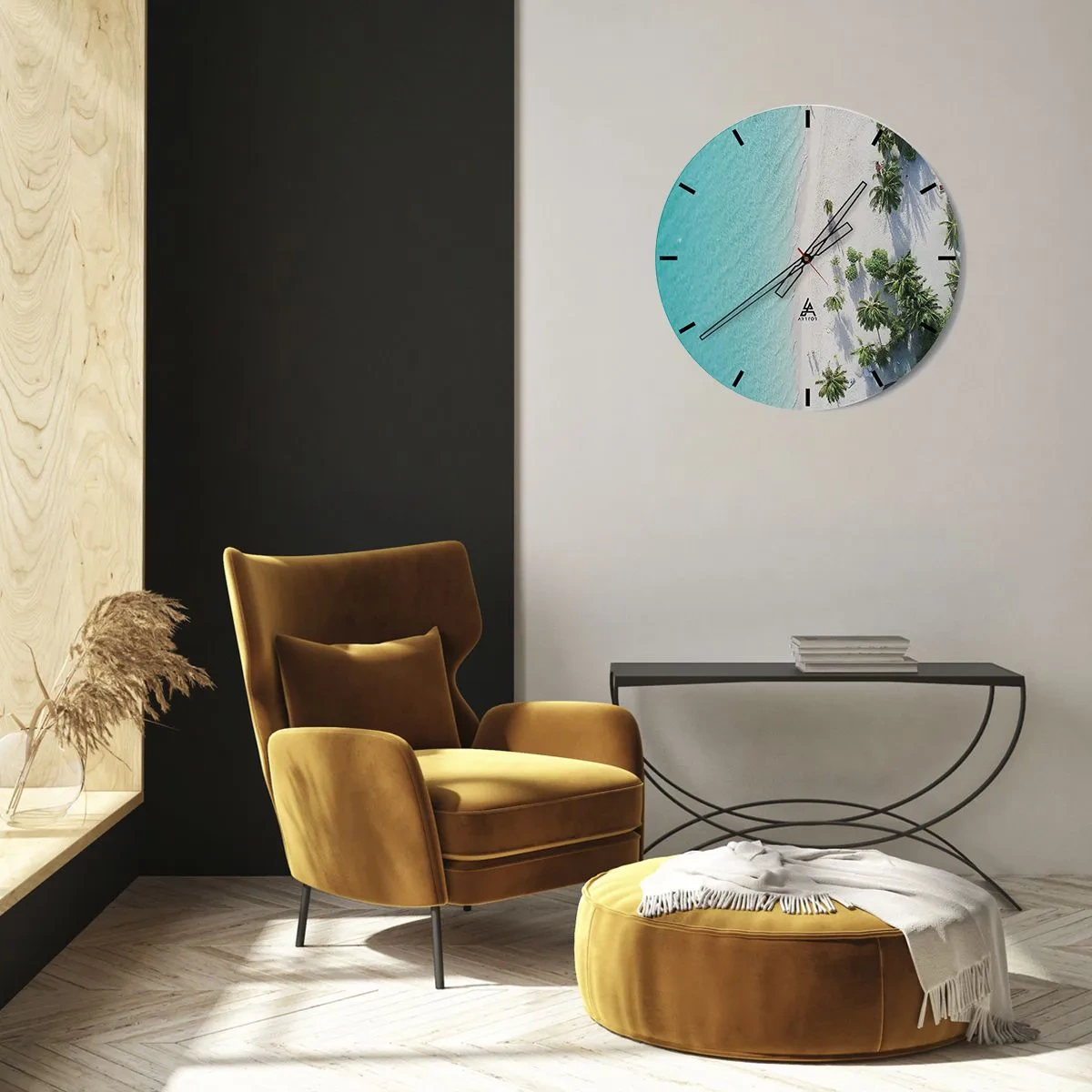 Wall clock - Clock on glass - Top view of the beach with turquoise water and palm trees - 30x30cm - Holidays in Paradise - Modern wall decoration for the living room, kitchen, and bedroom ARTTOR