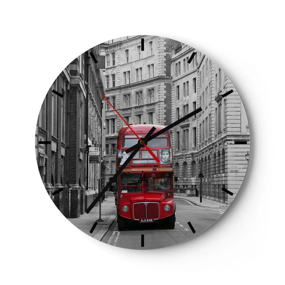 Wall clock - Clock on glass - A red bus against a background of black and white buildings. - 30x30cm - Routine Doesn't Have to Be Grey - Modern wall decoration for the living room, kitchen, and bedroom ARTTOR