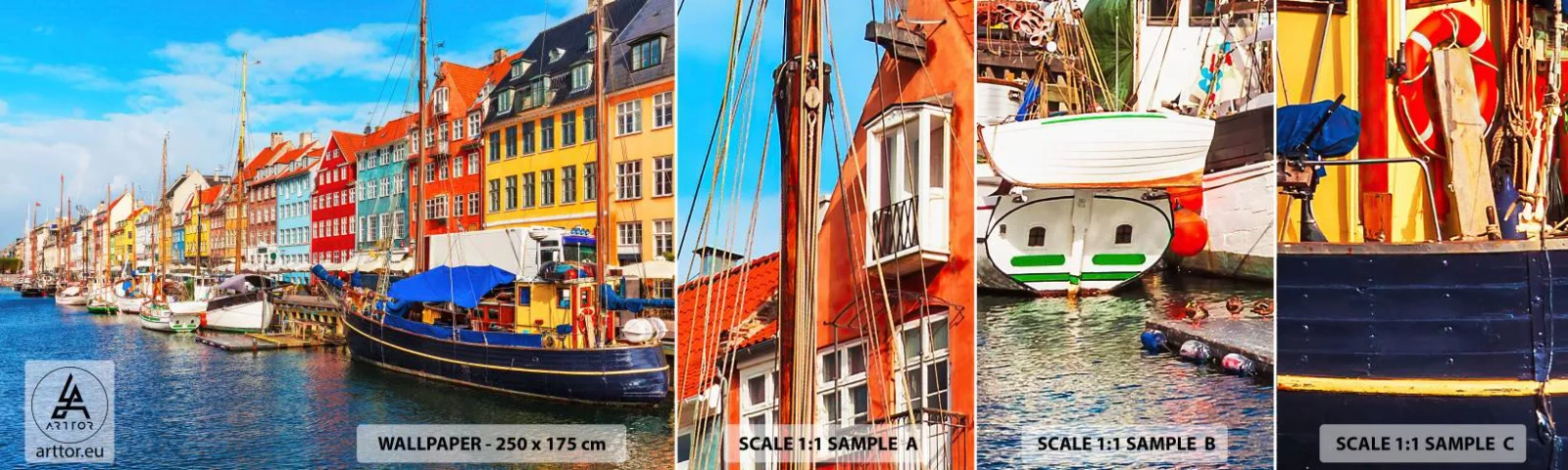 Photo Wallpaper Sample Self-Adhesive Deluxe Sticker - Joyful Coast - Copenhagen, Old Town, Architecture - 100x30 cm