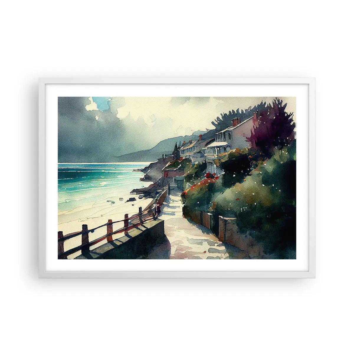 Poster in white frmae - Mediterranean Town - 70x50 cm