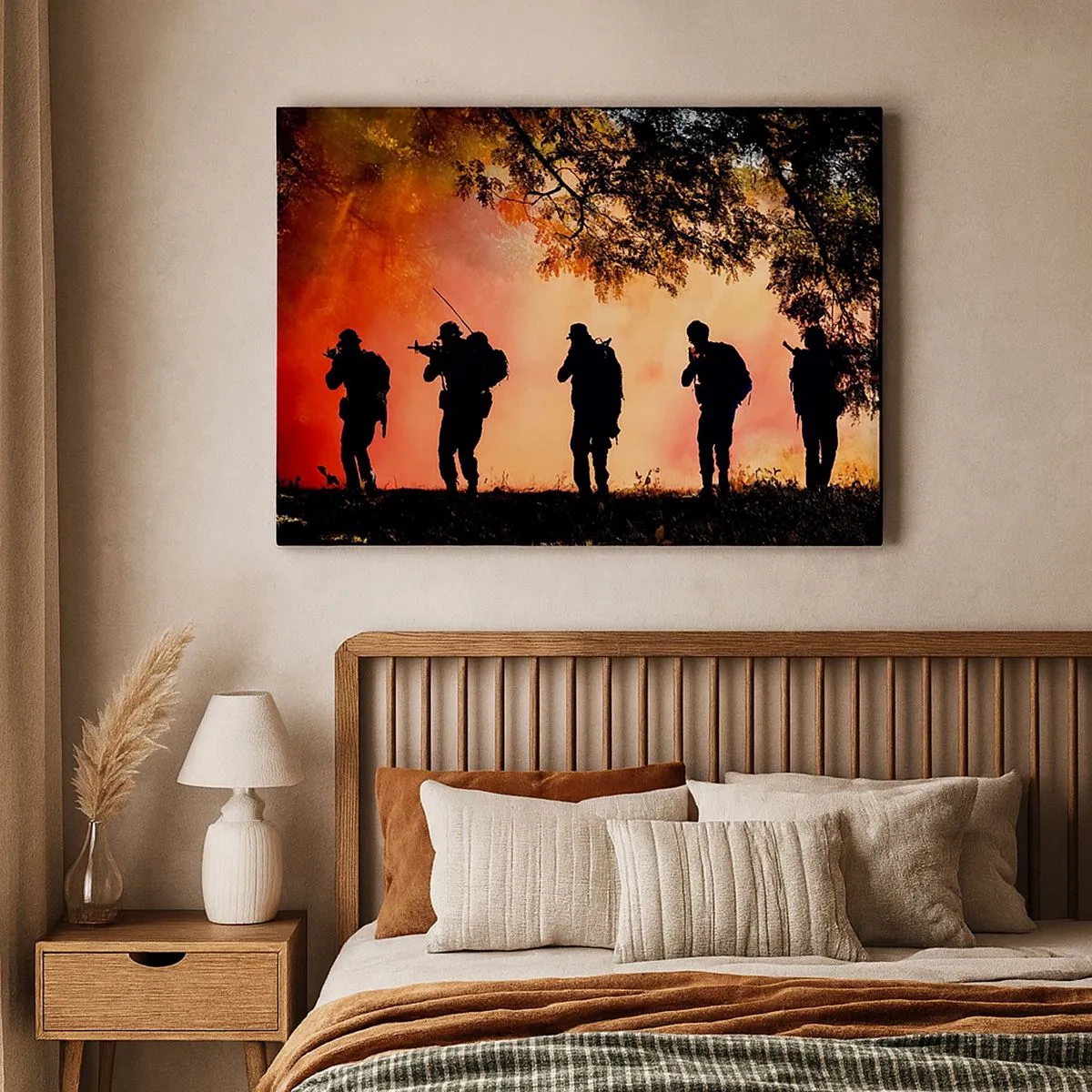 Canvas picture - Silhouettes of soldiers in the forest against the orange sky - 70x50cm - ...All for One - Modern wall decoration for the living room and bedroom ARTTOR