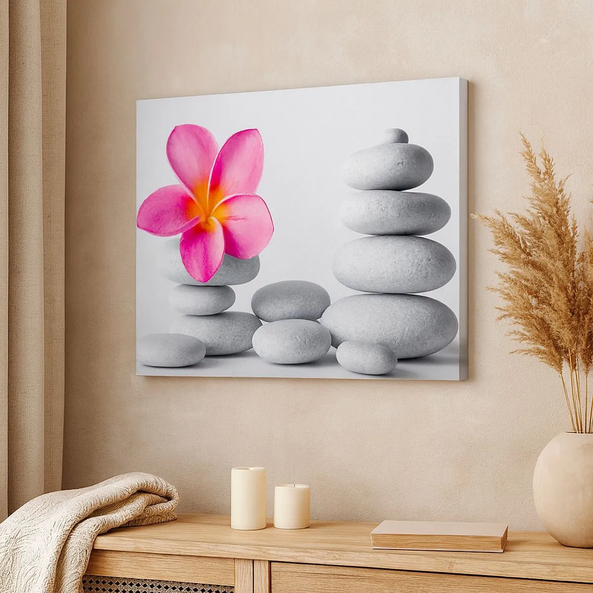 Canvas picture - Pink flower on zen style stones - 70x50cm - Stone on Stone - Modern wall decoration for the living room and bedroom ARTTOR